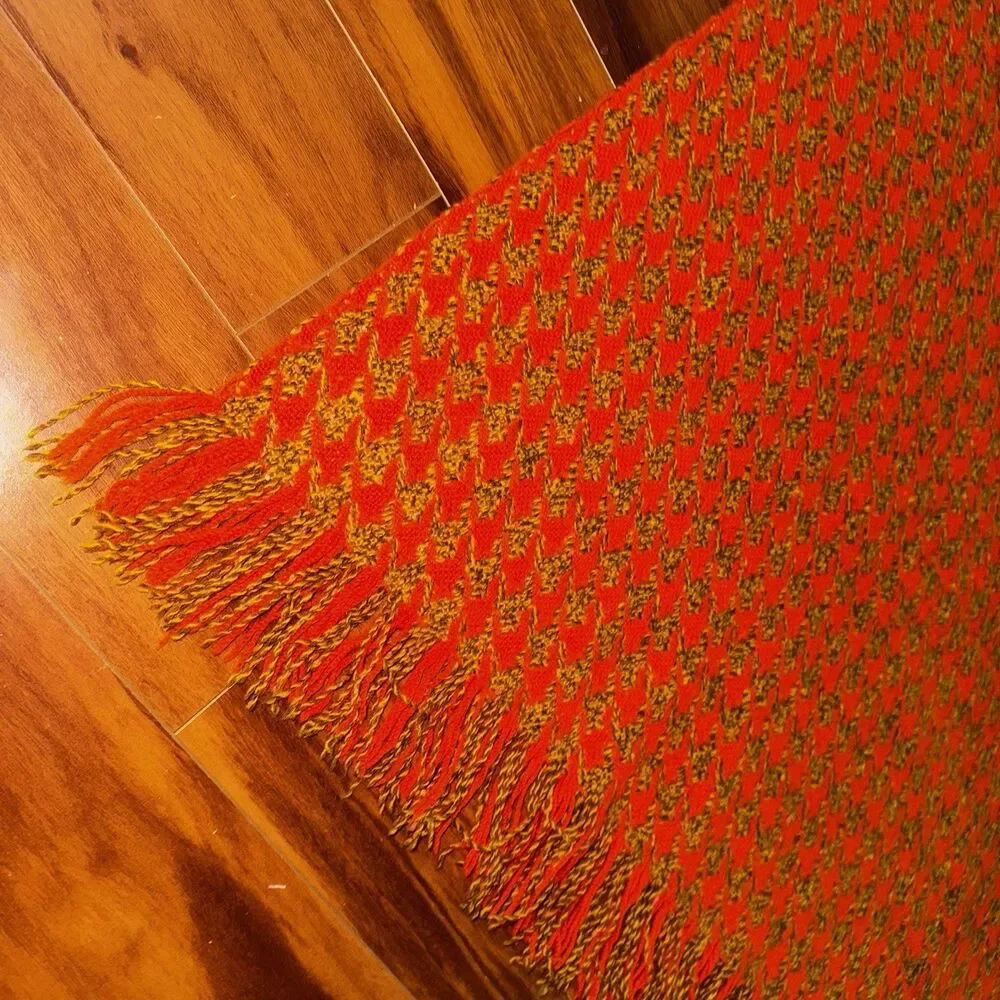 Vintage 60s 70s Pendleton Wool Houndstooth Fringed Throw Blanket Orange 53 x 62